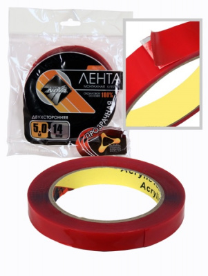 Скотч двусторонний "Nova Bright-fusion" красный + прозрачный (акриловая основа), 14мм х 5м 46920