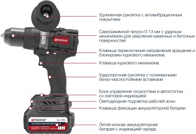 Дрель шуруповерт ударная аккумуляторная бесщёточная 1/2"DR, 21В, 160 Нм Thorvik BBID12160 