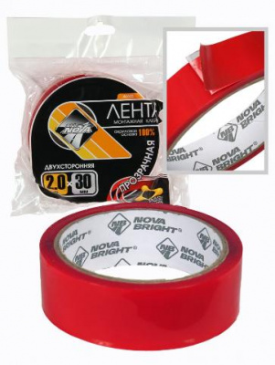Скотч двусторонний "Nova Bright-fusion" красный + прозрачный (акриловая основа), 30мм х 2м 46665