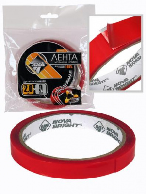 Скотч двусторонний "Nova Bright-fusion" красный + прозрачный (акриловая основа), 9мм х 2м 46662