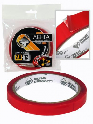 Скотч двусторонний "Nova Bright-fusion" красный + прозрачный (акриловая основа), 12мм х 2м 46663