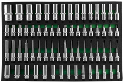 Набор глубоких торцевых головок 3/8"DR и 1/2"DR, торцевых насадок с вставками 1/2"DR. 66 предметов в EVA ложементе 560х400 мм. Jonnesway S04HD4366SV 