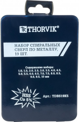 Набор спиральных сверл по металлу HSS Co в металлическом кейсе, d1.0-10.0 мм, 19 предметов Thorvik TDBS19K5 